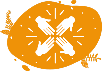 Ce pictogramme de forme abstraite avec quatre mains qui se rejoignent au centre démontre que nos animations collaboratives et innovantes sont fédératrices