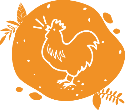 Un pictogramme de coq chantant sur fond orange illustre la fabrication française de nos vélos et bars à smoothies